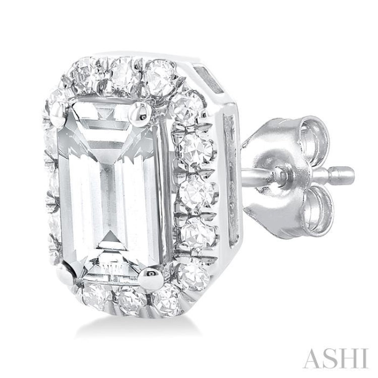 5x3 MM Octagonal Shape White Topaz and 1/8 Ctw Single Cut Diamond Halo Semi-Precious Stud Earrings in 14K White Gold