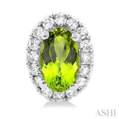 5x3 MM Oval Shape Peridot and 1/8 Ctw Single Cut Diamond Halo Semi-Precious Stud Earrings in 14K White Gold