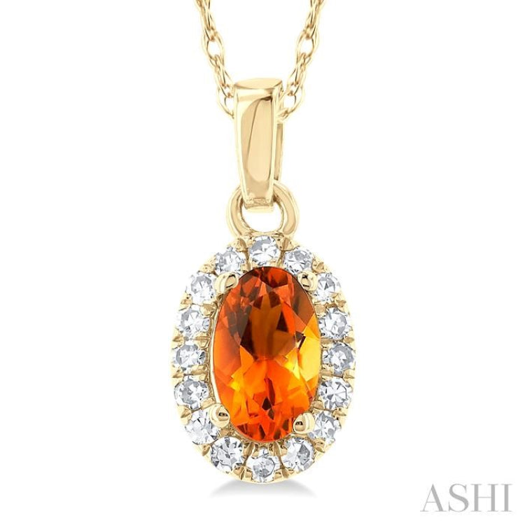 5x3 MM Oval Shape Citrine and 1/20 Ctw Single Cut Diamond Halo Semi-Precious Pendant with Chain in 14K Yellow Gold