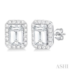 6x4 MM Octagonal Shape White Topaz and 1/4 Ctw Round Cut Diamond Halo Semi-Precious Stud Earrings in 10K White Gold