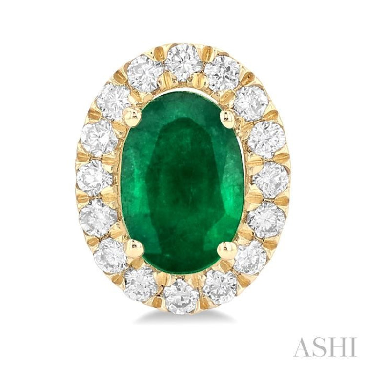 6x4 MM Oval Shape Emerald and 1/4 Ctw Round Cut Diamond Halo Precious Stud Earrings in 14K Yellow Gold