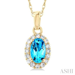 5x3 MM Oval Shape Blue Topaz and 1/20 Ctw Single Cut Diamond Halo Semi-Precious Pendant with Chain in 10K Yellow Gold