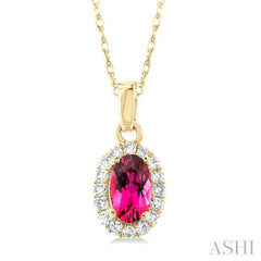 5x3 MM Oval Shape Pink Tourmaline and 1/20 Ctw Single Cut Diamond Halo Semi-Precious Pendant with Chain in 10K Yellow Gold