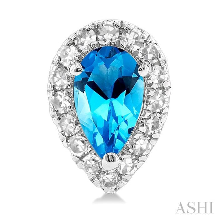 5x3 MM Pear Shape Blue Topaz and 1/8 Ctw Single Cut Diamond Halo Semi-Precious Stud Earrings in 14K White Gold