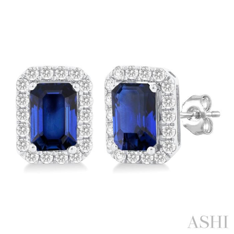 6x4 MM Octagonal Shape Sapphire and 1/4 Ctw Round Cut Diamond Halo Precious Stud Earrings in 14K White Gold