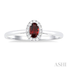 5x3 MM Oval Shape Garnet and 1/20 Ctw Single Cut Diamond Halo Semi-Precious Ring in 10K White Gold