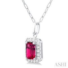 6x4 MM Octagonal Shape Pink Tourmaline and 1/6 Ctw Round Cut Diamond Halo Semi-Precious Pendant with Chain in 14K White Gold