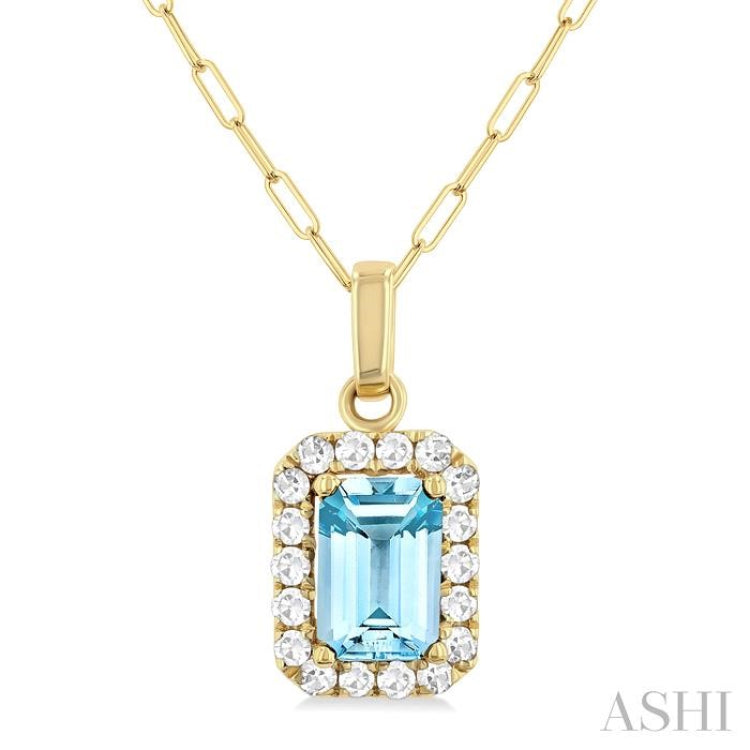 6x4 MM Octagonal Shape Aquamarine and 1/6 Ctw Round Cut Diamond Halo Semi-Precious Pendant with Chain in 10K Yellow Gold