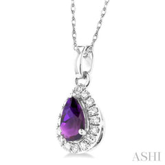 5x3 MM Pear Shape Amethyst and 1/20 Ctw Single Cut Diamond Halo Semi-Precious Pendant with Chain in 14K White Gold