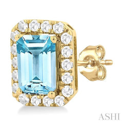 6x4 MM Octagonal Shape Aquamarine and 1/4 Ctw Round Cut Diamond Halo Semi-Precious Stud Earrings in 14K Yellow Gold