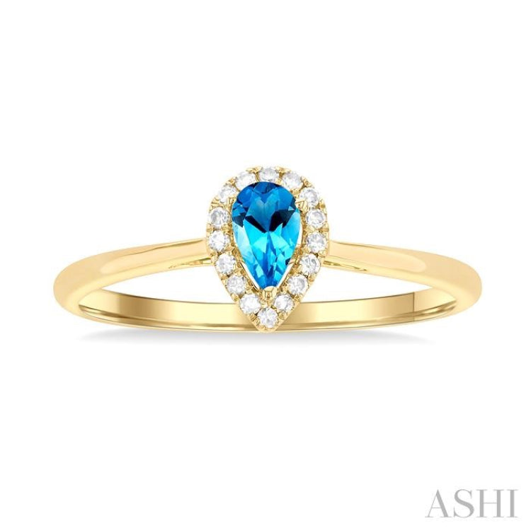 5x3 MM Pear Shape Blue Topaz and 1/20 Ctw Single Cut Diamond Halo Semi-Precious Ring in 14K Yellow Gold