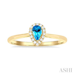5x3 MM Pear Shape Blue Topaz and 1/20 Ctw Single Cut Diamond Halo Semi-Precious Ring in 14K Yellow Gold