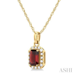 5x3 MM Octagonal Shape Garnet and 1/20 Ctw Single Cut Diamond Halo Semi-Precious Pendant with Chain in 14K Yellow Gold