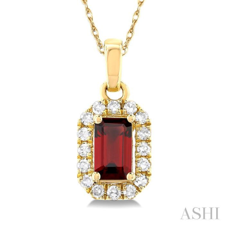 5x3 MM Octagonal Shape Garnet and 1/20 Ctw Single Cut Diamond Halo Semi-Precious Pendant with Chain in 14K Yellow Gold