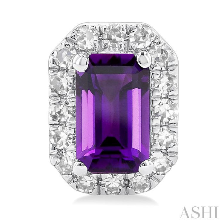 5x3 MM Octagonal Shape Amethyst and 1/8 Ctw Single Cut Diamond Halo Semi-Precious Stud Earrings in 14K White Gold