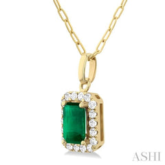 6x4 MM Octagonal Shape Emerald and 1/6 Ctw Round Cut Diamond Halo Precious Pendant with Chain in 10K Yellow Gold
