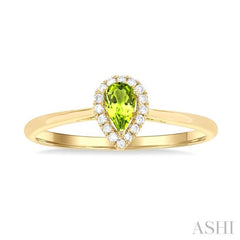 5x3 MM Pear Shape Peridot and 1/20 Ctw Single Cut Diamond Halo Semi-Precious Ring in 14K Yellow Gold