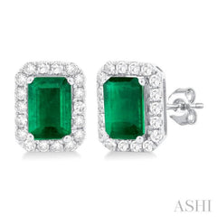 6x4 MM Octagonal Shape Emerald and 1/4 Ctw Round Cut Diamond Halo Precious Stud Earrings in 10K White Gold