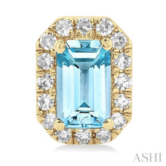 5x3 MM Octagonal Shape Aquamarine and 1/8 Ctw Single Cut Diamond Halo Semi-Precious Stud Earrings in 14K Yellow Gold