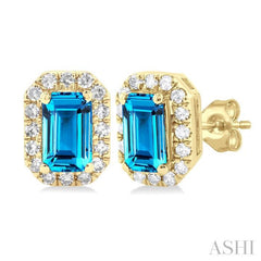 5x3 MM Octagonal Shape Blue Topaz and 1/8 Ctw Single Cut Diamond Halo Semi-Precious Stud Earrings in 10K Yellow Gold