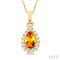 5x3 MM Pear Shape Citrine and 1/20 Ctw Single Cut Diamond Halo Semi-Precious Pendant with Chain in 14K Yellow Gold