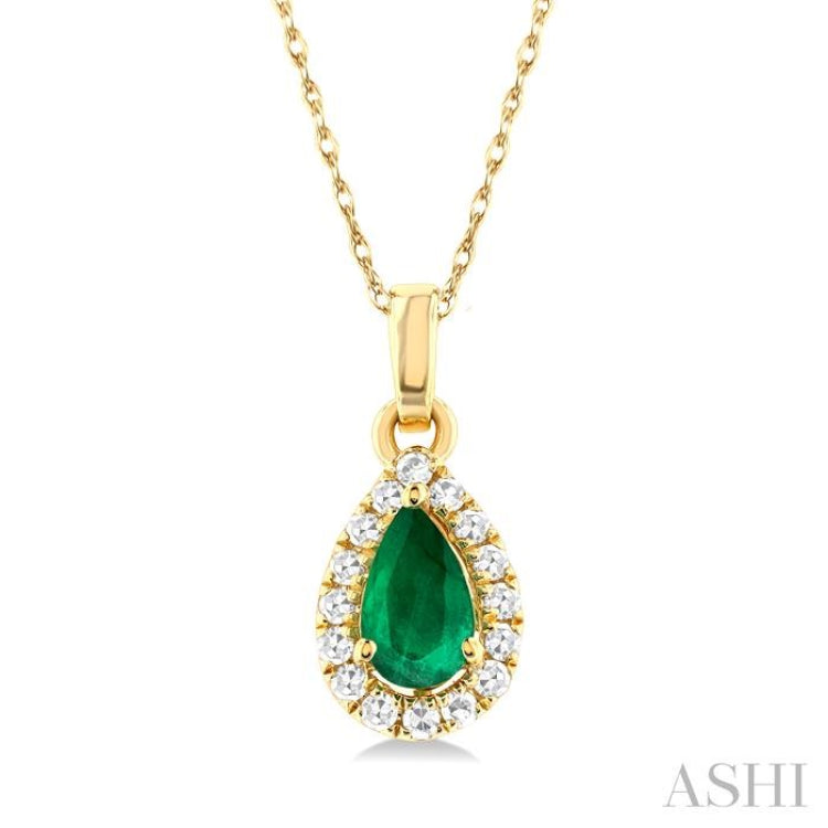 5x3 MM Pear Shape Emerald and 1/20 Ctw Single Cut Diamond Halo Precious Pendant with Chain in 14K Yellow Gold