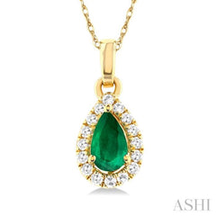 5x3 MM Pear Shape Emerald and 1/20 Ctw Single Cut Diamond Halo Precious Pendant with Chain in 14K Yellow Gold