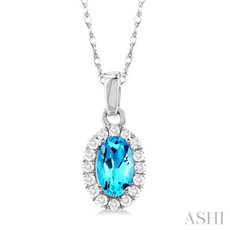 5x3 MM Oval Shape Blue Topaz and 1/20 Ctw Single Cut Diamond Halo Semi-Precious Pendant with Chain in 10K White Gold