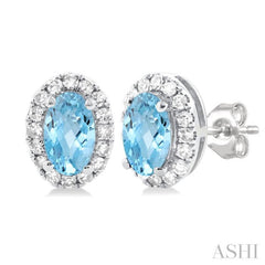 5x3 MM Oval Shape Aquamarine and 1/8 Ctw Single Cut Diamond Halo Semi-Precious Stud Earrings in 10K White Gold