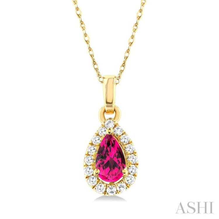 5x3 MM Pear Shape Pink Tourmaline and 1/20 Ctw Single Cut Diamond Halo Semi-Precious Pendant with Chain in 14K Yellow Gold