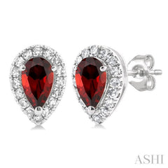 5x3 MM Pear Shape Garnet and 1/8 Ctw Single Cut Diamond Halo Semi-Precious Stud Earrings in 14K White Gold