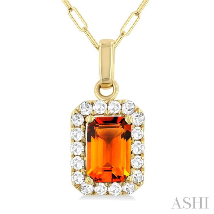 6x4 MM Octagonal Shape Citrine and 1/6 Ctw Round Cut Diamond Halo Semi-Precious Pendant with Chain in 10K Yellow Gold