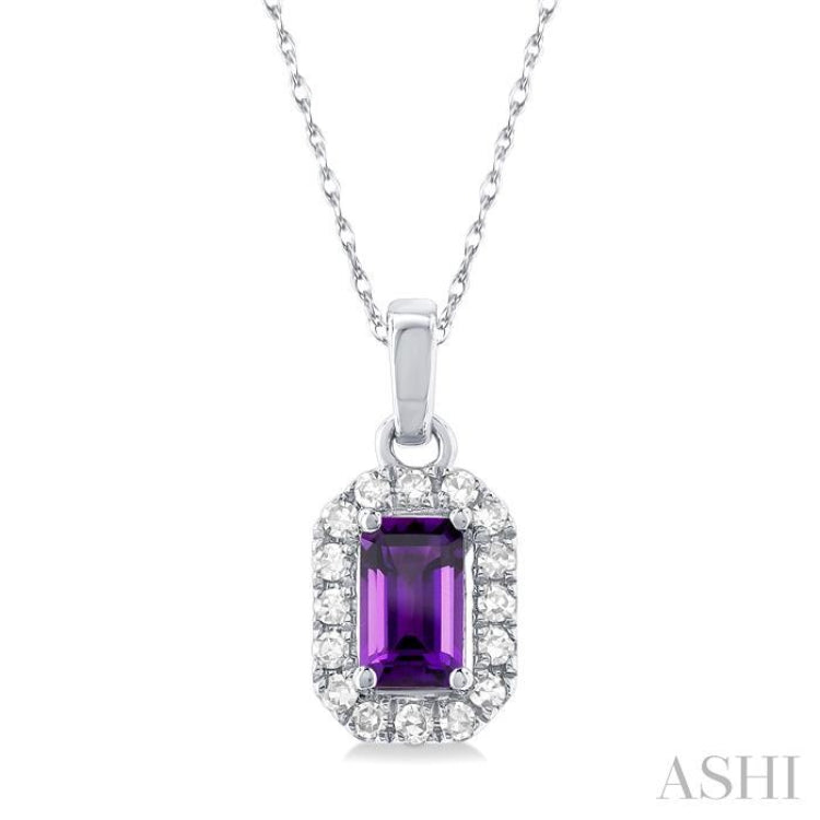 5x3 MM Octagonal Shape Amethyst and 1/20 Ctw Single Cut Diamond Halo Semi-Precious Pendant with Chain in 14K White Gold