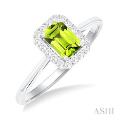 6x4 MM Octagonal Shape Peridot and 1/6 Ctw Round Cut Diamond Halo Semi-Precious Ring in 14K White Gold