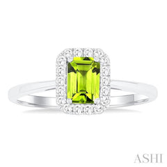 6x4 MM Octagonal Shape Peridot and 1/6 Ctw Round Cut Diamond Halo Semi-Precious Ring in 14K White Gold