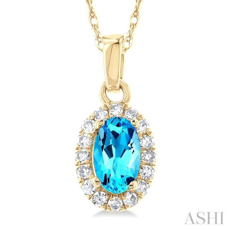 5x3 MM Oval Shape Blue Topaz and 1/20 Ctw Single Cut Diamond Halo Semi-Precious Pendant with Chain in 14K Yellow Gold