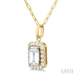 6x4 MM Octagonal Shape White Topaz and 1/6 Ctw Round Cut Diamond Halo Semi-Precious Pendant with Chain in 10K Yellow Gold