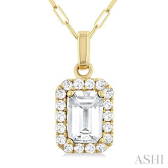 6x4 MM Octagonal Shape White Topaz and 1/6 Ctw Round Cut Diamond Halo Semi-Precious Pendant with Chain in 10K Yellow Gold