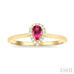 5x3 MM Pear Shape Pink Tourmaline and 1/20 Ctw Single Cut Diamond Halo Semi-Precious Ring in 10K Yellow Gold
