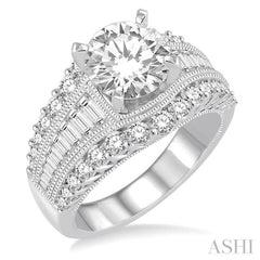 1 1/2 Ctw Baguette and Round Cut Diamond Round Shape Semi-Mount Engagement Ring in 14K White Gold