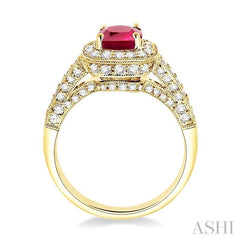 6x6 MM Cushion Cut Ruby and 7/8 Ctw Round Cut Diamond Precious Ring in 14K Yellow Gold