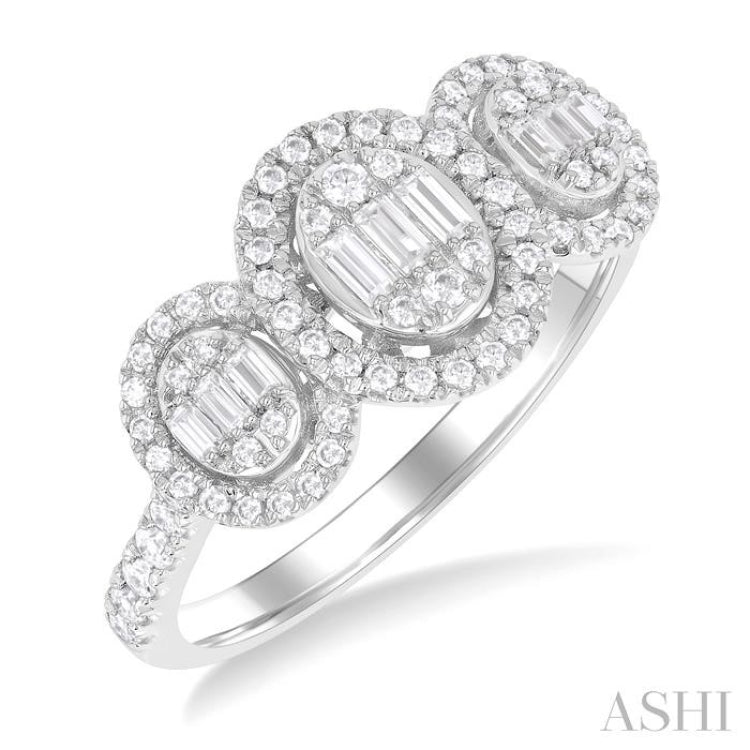 5/8 Ctw Oval Shape Past, Present & Future Fusion Baguette and Round Cut Diamond Engagement Ring in 14K White Gold