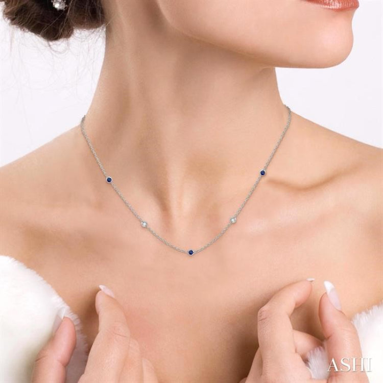 2.25 MM Sapphire and 1/4 Ctw Round Cut Diamond Precious Station Necklace in 14K White Gold