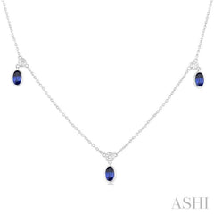 5x3 MM Oval Shape Sapphire and 1/4 Ctw Round Cut Diamonds Precious Station Necklace in 14K White Gold