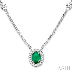 6x4 MM Oval Cut Emerald and 1/6 Ctw Round Cut Diamond Necklace in 14K White Gold