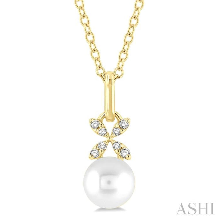 6 MM Round Shape Cultured Pearl and 1/50 Ctw Petite Floral Round Cut Diamond Fashion Pendant With Chain in 10K Yellow Gold