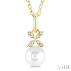 6 MM Round Shape Cultured Pearl and 1/50 Ctw Petite Floral Round Cut Diamond Fashion Pendant With Chain in 10K Yellow Gold