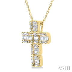 1/2 Ctw Fusion Baguette and Round Cut Diamond Cross Fashion Pendant With Chain in 14K Yellow Gold