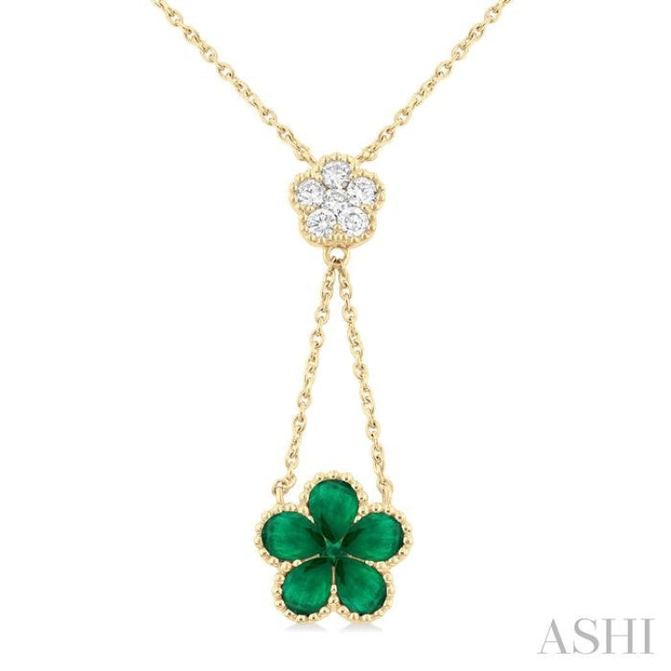 4x3 MM Pear Cut & 1.8 MM Round Emerald and 1/5 Ctw Round Cut Diamond Floral Blossom Precious Necklace in 14K Yellow Gold