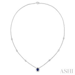 6x4 MM Oval Cut Sapphire and 1/6 Ctw Round Cut Diamond Precious Necklace in 14K White Gold